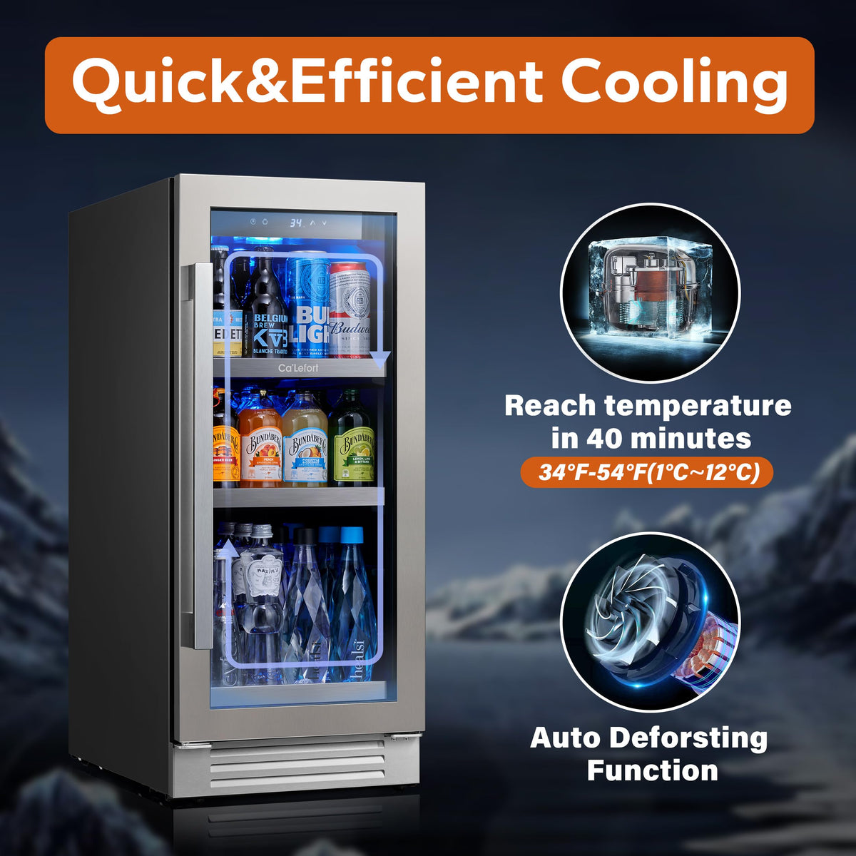 Ca'Lefort 15'' Beverage Refrigerator - 100 Cans Soda Beer Capacity Single Zone with Modern Touch Intelligent Digital 34°-54°F, Built in or Freestanding Wine Cooler for Home and Kitchen