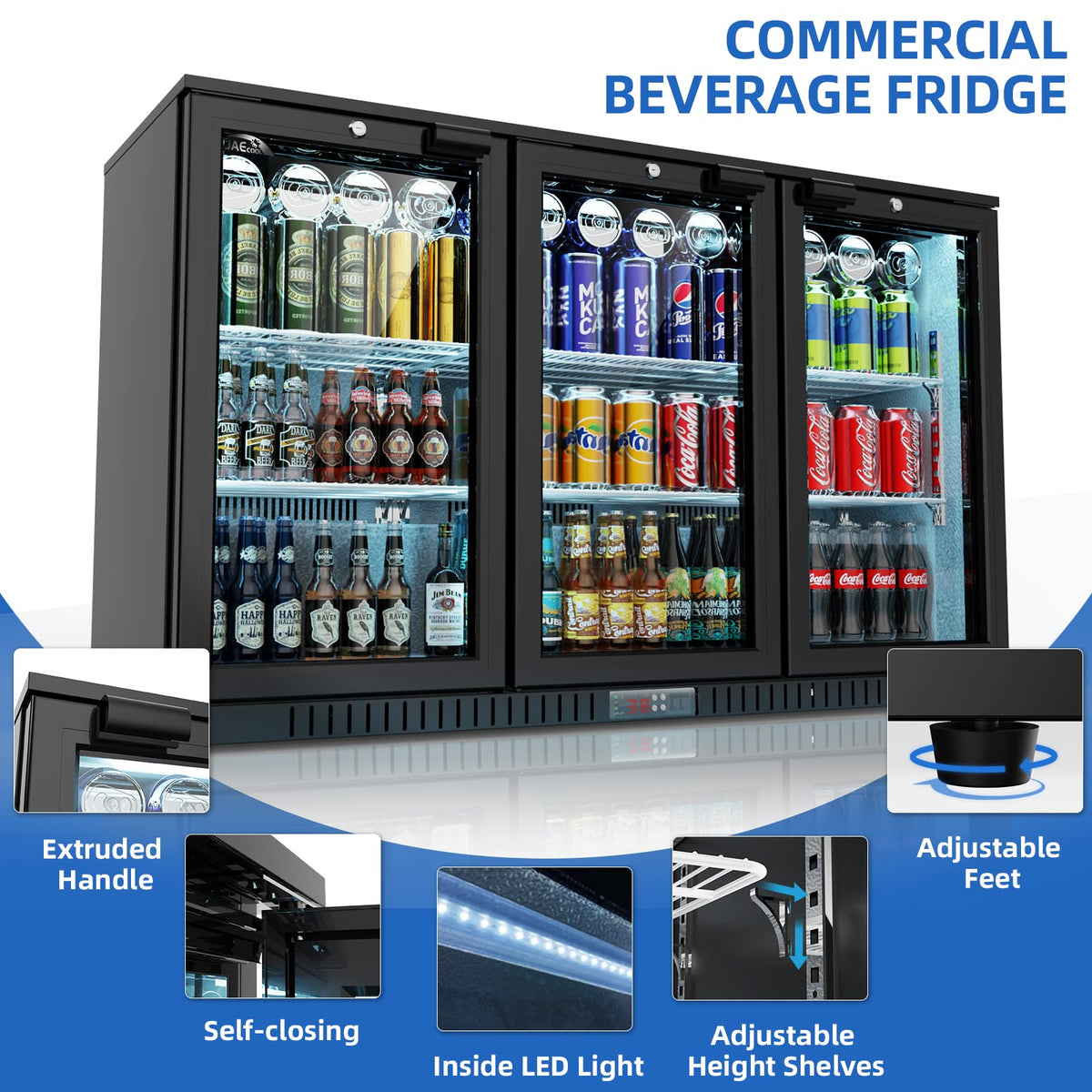 JAECOOL Back Bar Cooler Commercial Counter Height Refrigerator with 3-Doors, 10.9 cu ft Beverage Cooler Undercounter Refrigerator, Commercial Display Fridge, Auto-defrost, Eco-friendly Compressor, ETL