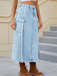 Slit Pocketed High Waist Denim Skirt with pockets