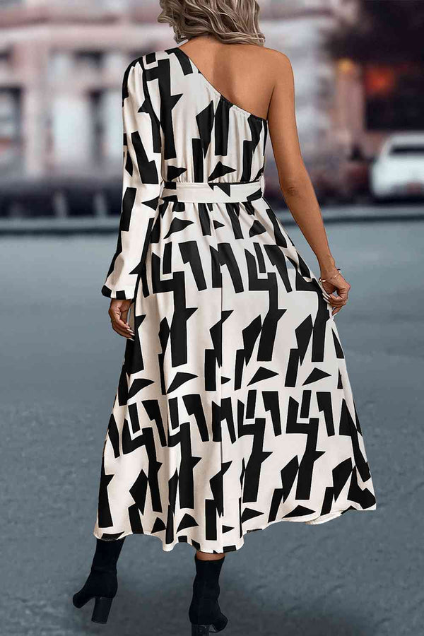 White and Black Printed One-Shoulder Tie Waist Long Dress