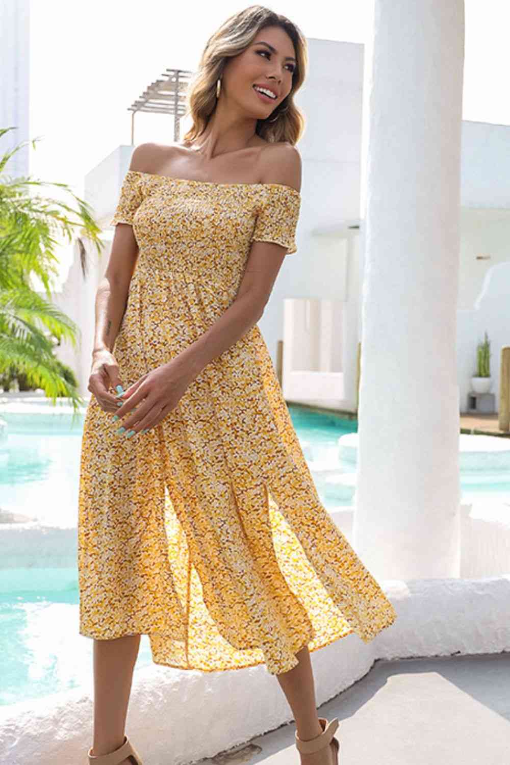 Women's Pastel Yellow Boho Floral Off-Shoulder Split Midi Dress