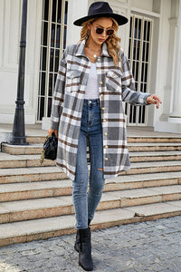 Plaid Button Up Collared Neck Coat Jacket Long Sleeve Button Down Shirt with Pockets