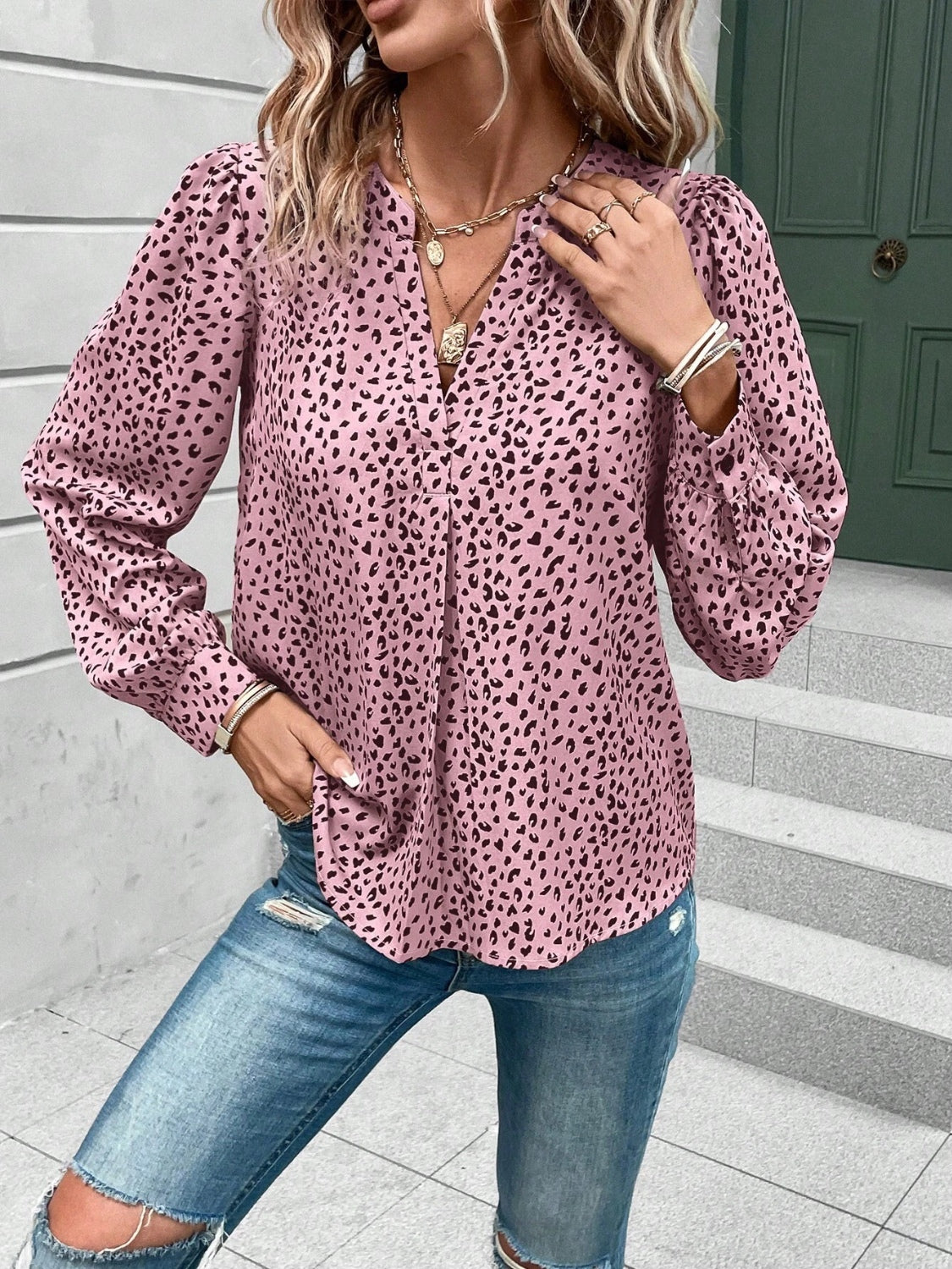 Ladies Long Sleeve Shirt Printed Notched Long Sleeve Blouse