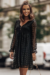 Black Mini Dress Buttoned Empire Waist Lace Dress Women's fashion Casual Dresses