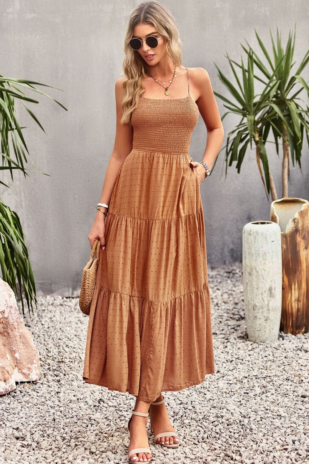 Casual Maxi Dress Backless Cutout Vacation Fashion Women's Boho Fashion Smocked Lace-Up Tiered Dress KESLEY