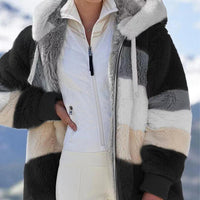 Color Block Zip-Up Hooded Faux Fur Jacket