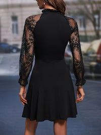 Black Lace Long Sleeve Tie Neck Casual Short Dress New Women's Fashion Mini Dresses