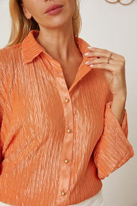 Textured Orange Button Up Long Sleeve Shirt Womens Fashion Clothing