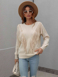 Fringe Long Sleeve Shirt Detail Ribbed Trim Sweater