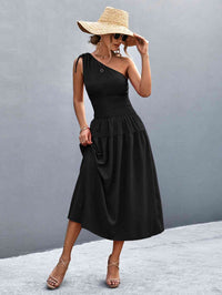 Women's Casual Maxi Dress Asymmetrical One Shoulder Smocked Waist Midi Dress