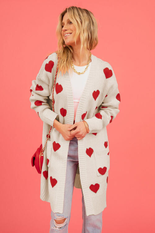 Heart Graphic Open Front Cardigan with Pockets Fashion Sweater