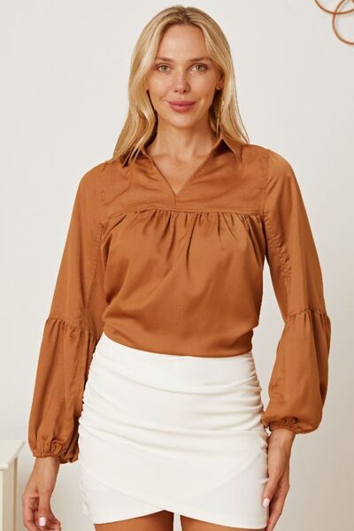 Women's Casual Long Sleeve Shirt V Neck Balloon Sleeve Collared Neck Blouse