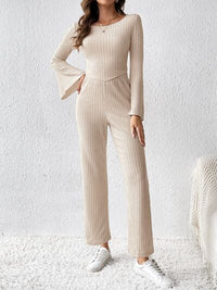 Ribbed Flare Sleeve Top and Pants Set, Loungewear Sets