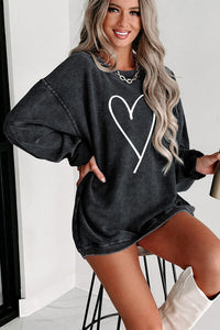 Casual Sweatshirt Heart Print Round Neck Dropped Shoulder  Womens Sweaters Long Sleeve Shirts and Tops