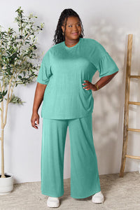 Double Take Full Size Round Neck Slit Top and Pants Set Loungewear T shirt and bottoms included