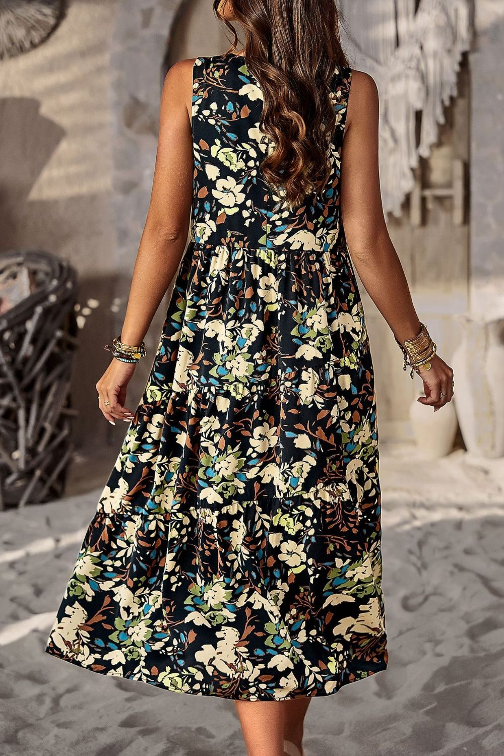 Womens Casual Holiday Vacation Dress Printed Sleeveless Midi Dress with Pocket Maxi dress