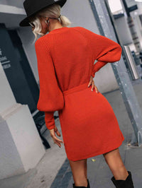 Women's Fashion Long Open Sweater Belted Surplice Lantern Sleeve Wrap Sweater Dress