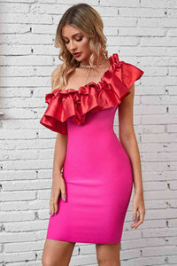 Women's Sexy Pink Ruffled One-Shoulder Tight Fit Bodycon Midi Dress