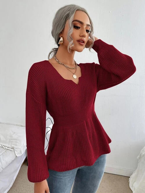 Notched Dropped Shoulder Knit Long Sleeve Top