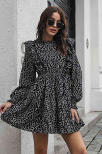 Printed Ruffle Trim Smocked Casual Long Sleeve Mini Dress