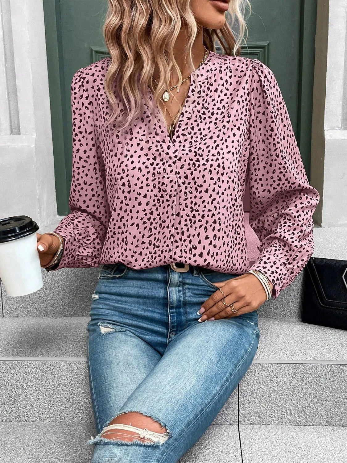 Ladies Long Sleeve Shirt Printed Notched Long Sleeve Blouse