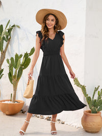 Cinch Waist Tiered Ruffled V-Neck Short Sleeve Maxi Dress New Women's Fashion casual day dresses