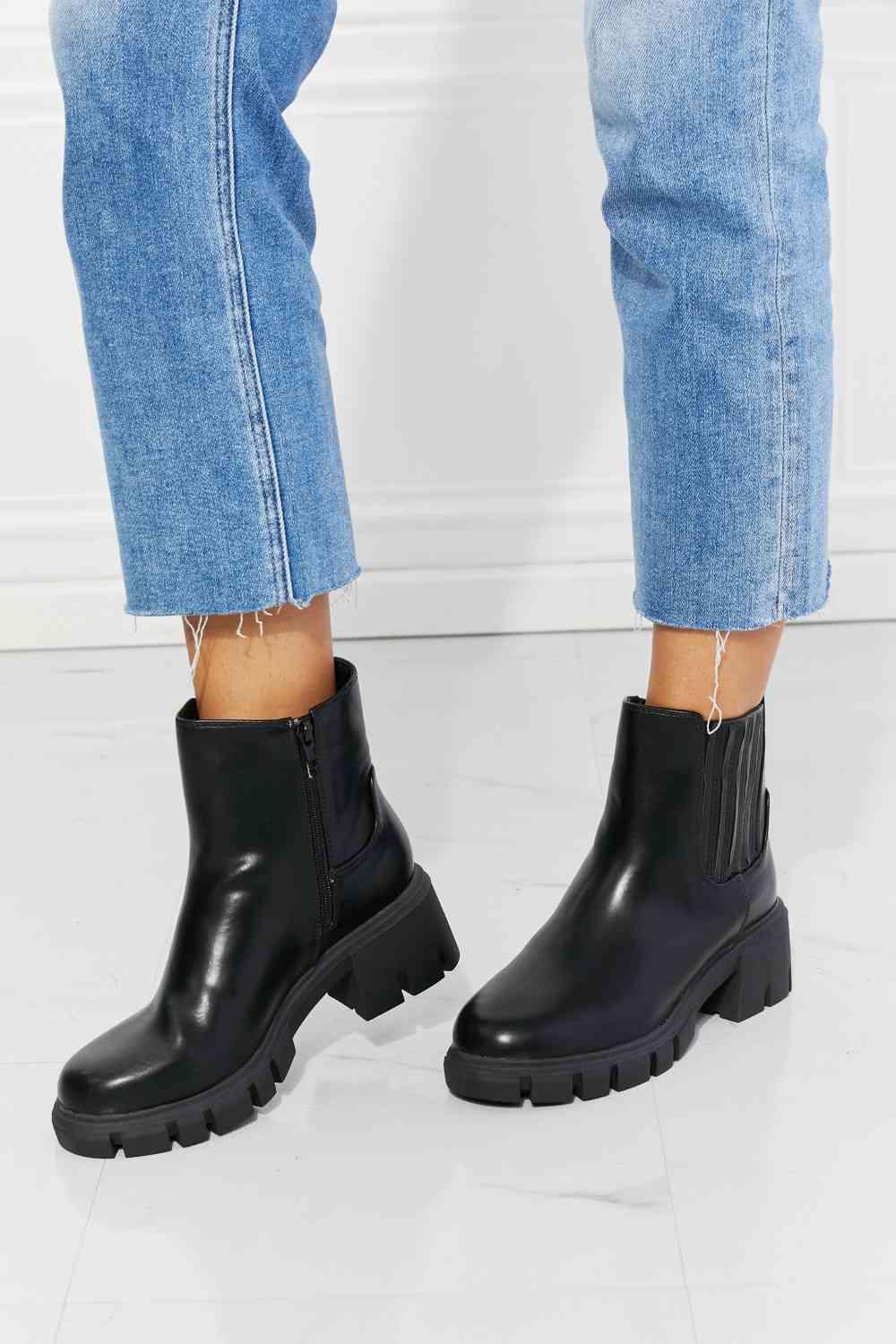 Black Booties, Shoes What It Takes Lug Sole Chelsea Boots in Black