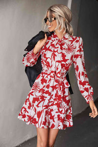 Floral Tie Neck Belted Puff Sleeve Dress