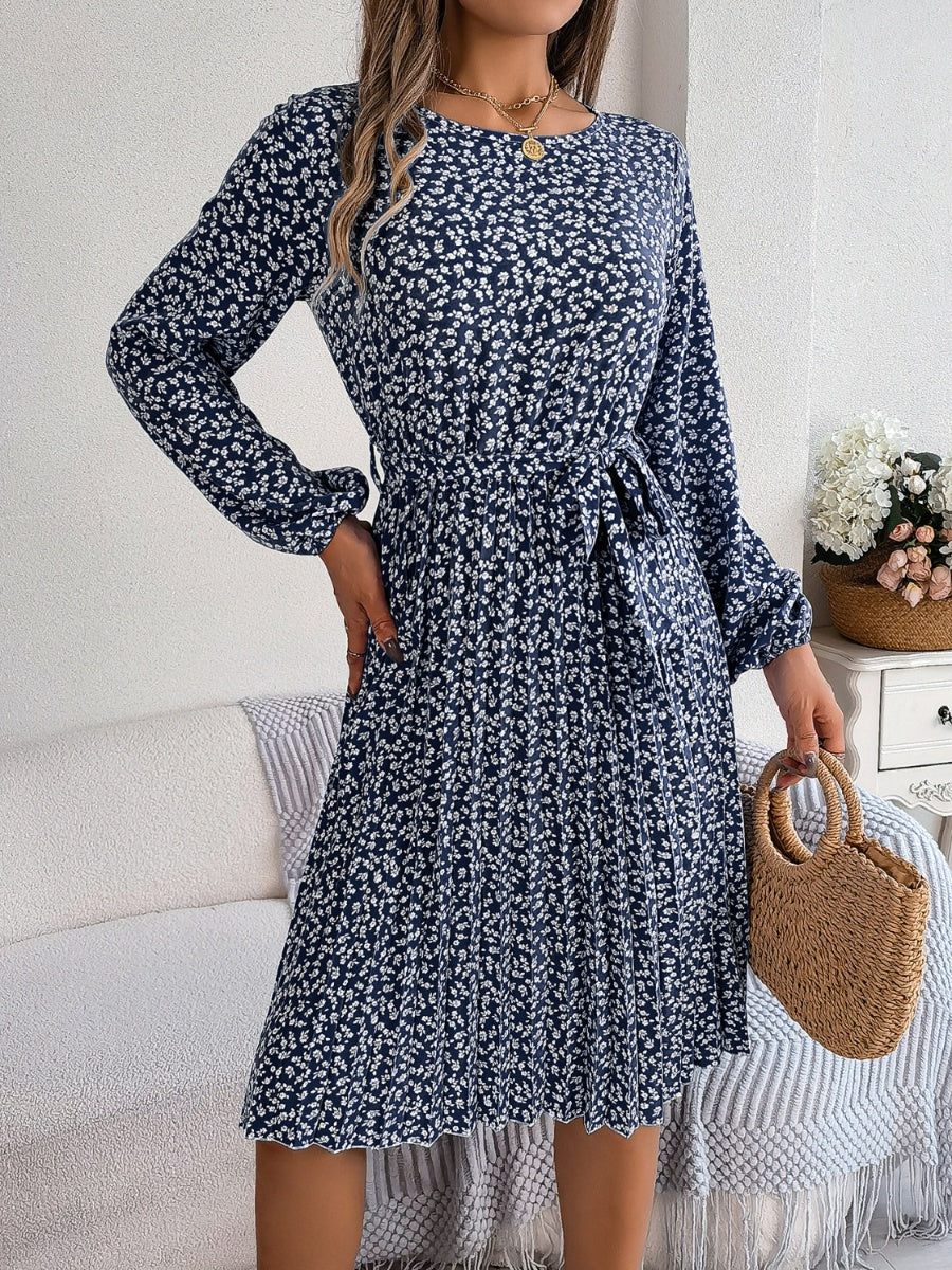 Ditsy Floral Tie Waist Pleated Long Sleeve Dress Women's Casual Wear and Workwear Fashion