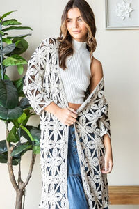 Women's White crochet Open front cardigan 100% Cotton Geometric Three-Quarter Sleeve Light Sweater