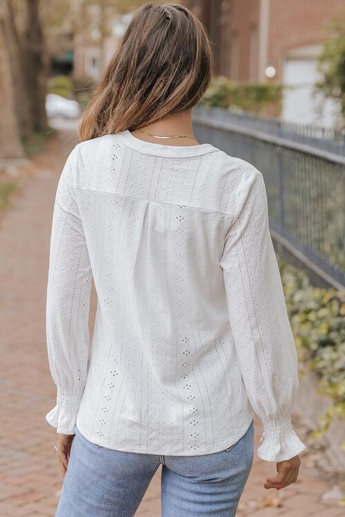 Openwork Notched Flounce Long Sleeve Blouse