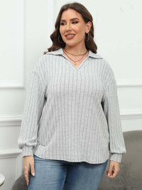 Plus Size Ribbed Collared Neck Long Sleeve Blouse