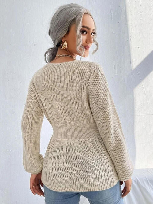 Notched Dropped Shoulder Knit Long Sleeve Top