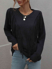 Fringe Long Sleeve Shirt Detail Ribbed Trim Sweater