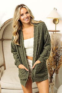 Olive Green Checkered Long Sleeve Open Front Sweater Cardigan