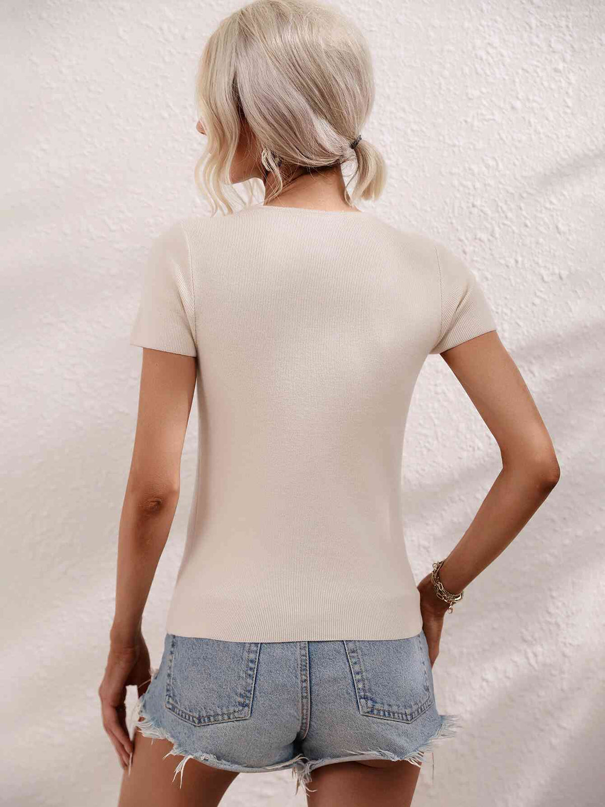 Womens Casual Shirt Cutout Round Neck Short Sleeve Knit Top