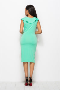 Women's V Neck Ruched Ruffled Cap Sleeve Midi Dress Ladies Work Dress