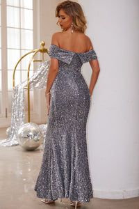 Silver Sequin Formal Dress Women's Gown Tight Bodycon Off-Shoulder Wrap Party Dress