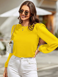 Solid Color Long Sleeve Shirt Women's Fashion Top Round Neck Balloon Sleeve Blouse