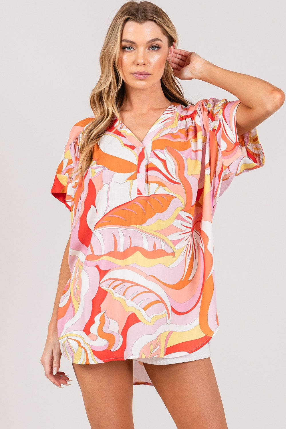 KESLEY Abstract Print Half Button Blouse