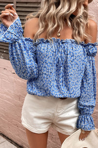 Women's Off Shoulder Shirt Blue Printed Frill Trim Blouse