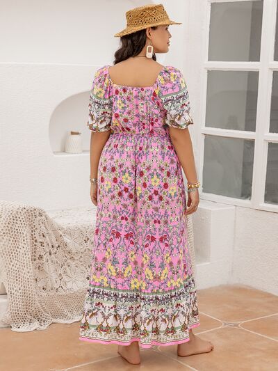 Pink Boho Plus Size Printed Square Neck Ruffle Hem Dress