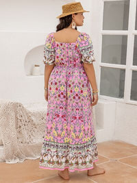 Pink Boho Plus Size Printed Square Neck Ruffle Hem Dress