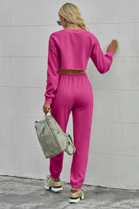 Pink Matching Sweatpants Set Women's Round Neck Long Sleeve Cropped Top and Pants Set