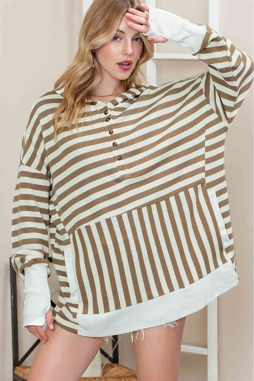 Womens Striped Dropped Shoulder Buttoned Thumb Hole Long Sleeve Top Hoodie