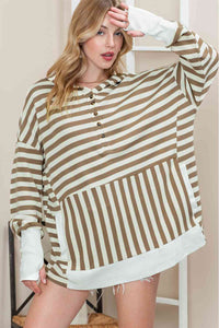 Womens Striped Dropped Shoulder Buttoned Thumb Hole Long Sleeve Top Hoodie