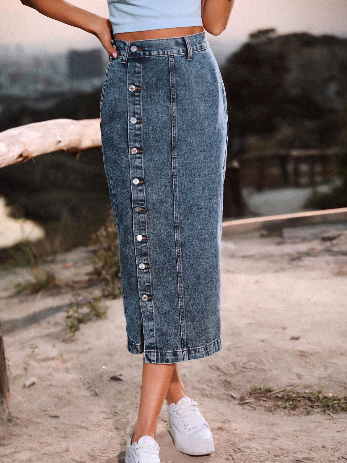 Women's Jean Denim Skirt Button Down High Slit Versatile Fashion Cotton