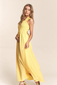 KESLEY Yellow Dress Casual Women's Fashion Texture Criss Cross Back Tie Smocked Maxi Dress Summer Dresses s