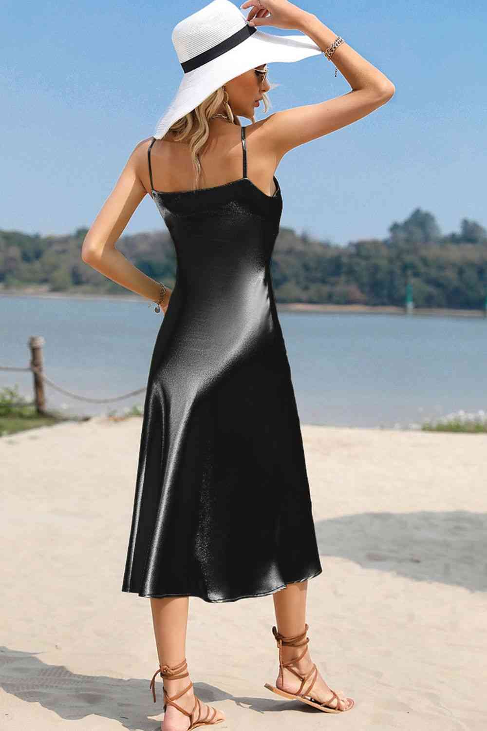 Women's Sexy Vacation Dress Spaghetti Strap Satin Midi Dress