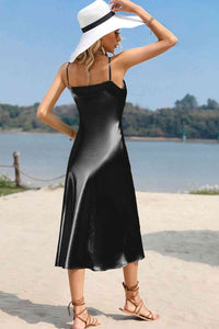 Women's Sexy Vacation Dress Spaghetti Strap Satin Midi Dress